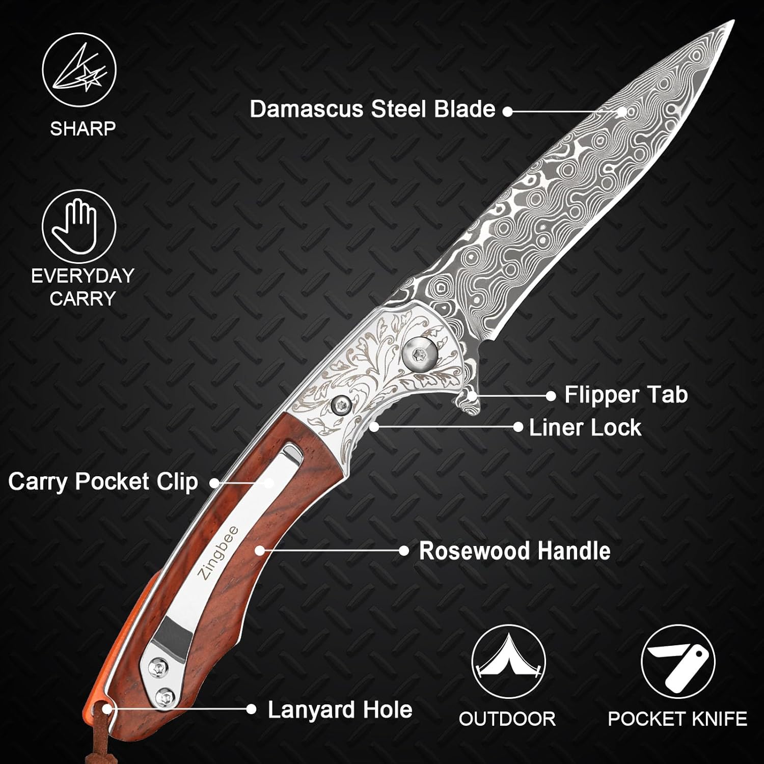 Zingbee Damascus Pocket Knife for Men, Pocket Knives & Folding Knives with Rosewood Handle, Folding Knife with Clip for Camping Hunting Outdoor Collection