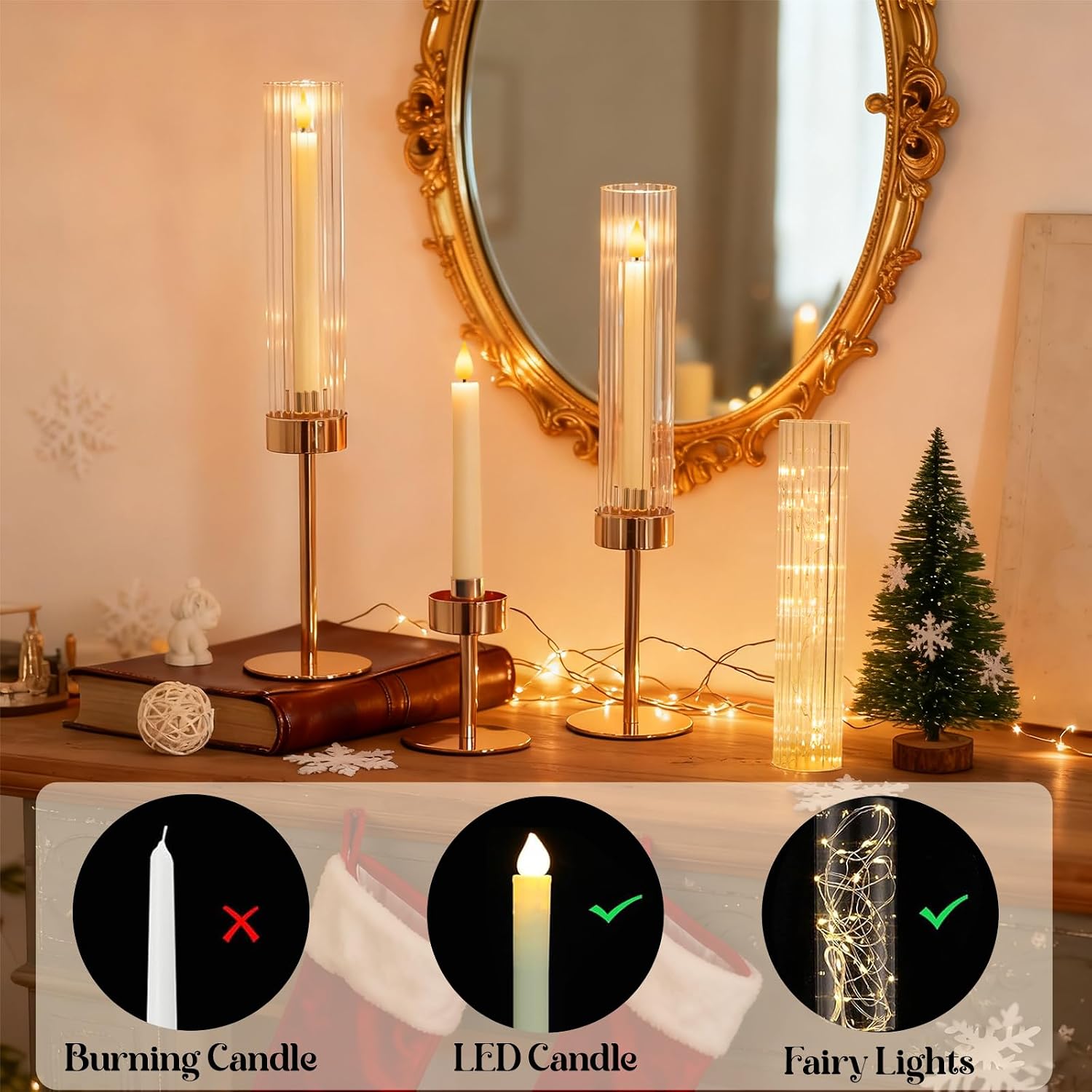 Metal & Acrylic Taper Candle Holders with Ribbed Design - Hurricane Clear Cylinder Candelabra for Wedding, Christmas, Party, Dining Table Centerpiece Decor (Gold, Set of 6)