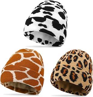 3 Women Men Print Beanie Hats Winter Knitted Warm Hat with Cow Leopard and Giraffe Prints Funny Gifts for Animal Lovers