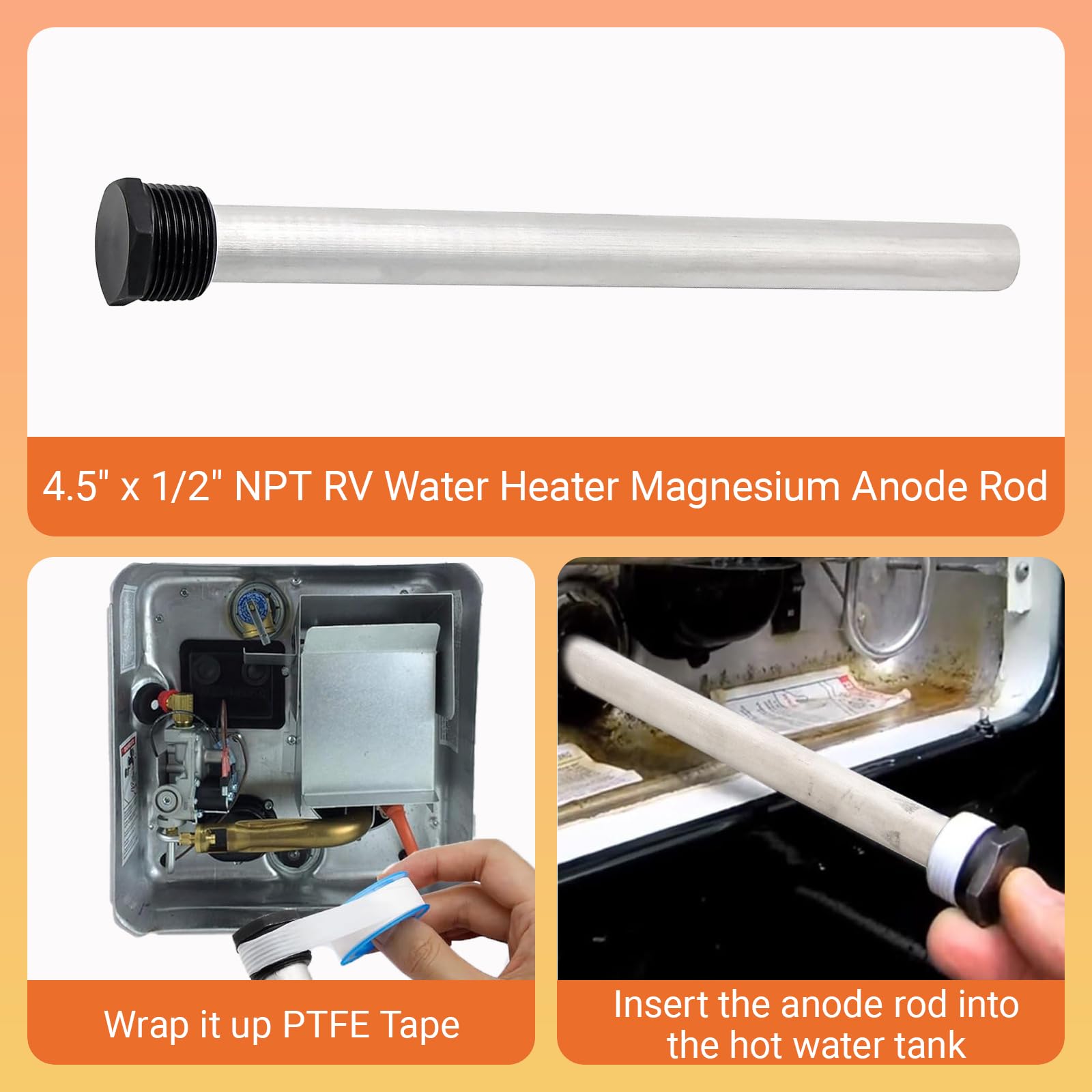 Anodo di magnesio per scaldabagno NPT da 11,4 x 1,2 cm, compatibile con modelli Atwood e Do-metic per serbatoio dell'acqua calda per camper, rimorchi, confezione da 2 con nastro PTFE