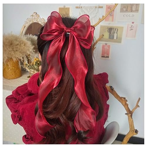 Allereyae Clip de pelo de lazo largo de seda vintage con lazo de malla para la cabeza accesorio de seda para mujeres y niñas rojo