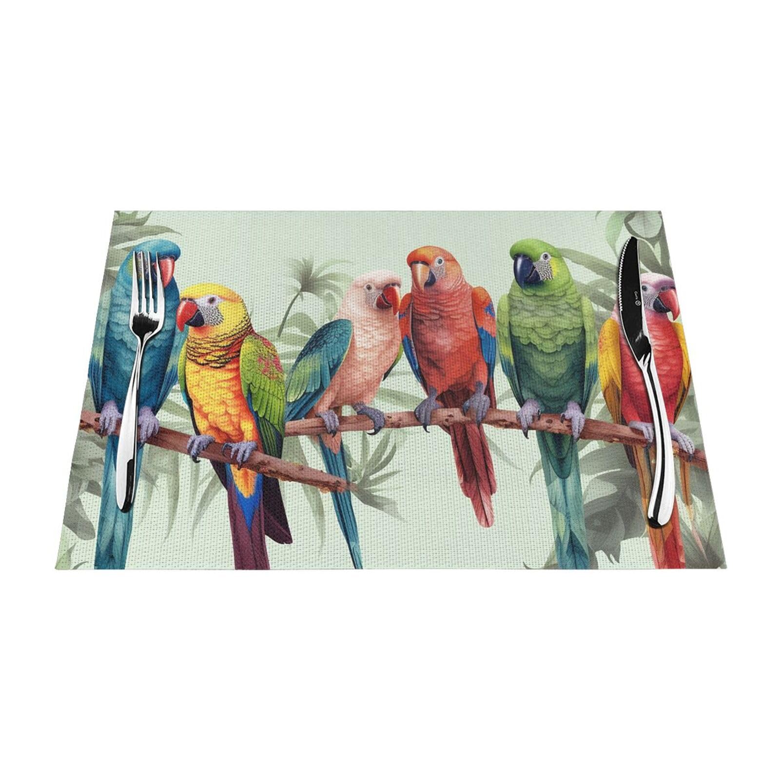 Colorful Parrots On Tree Placemats Set of 1 - Woven Vinyl Kitchen Table Placemats - Heat Resistant Non-Slip Place Mats for Dining Table, Washable Indoor Outdoor Table Mats 12x18 Inch