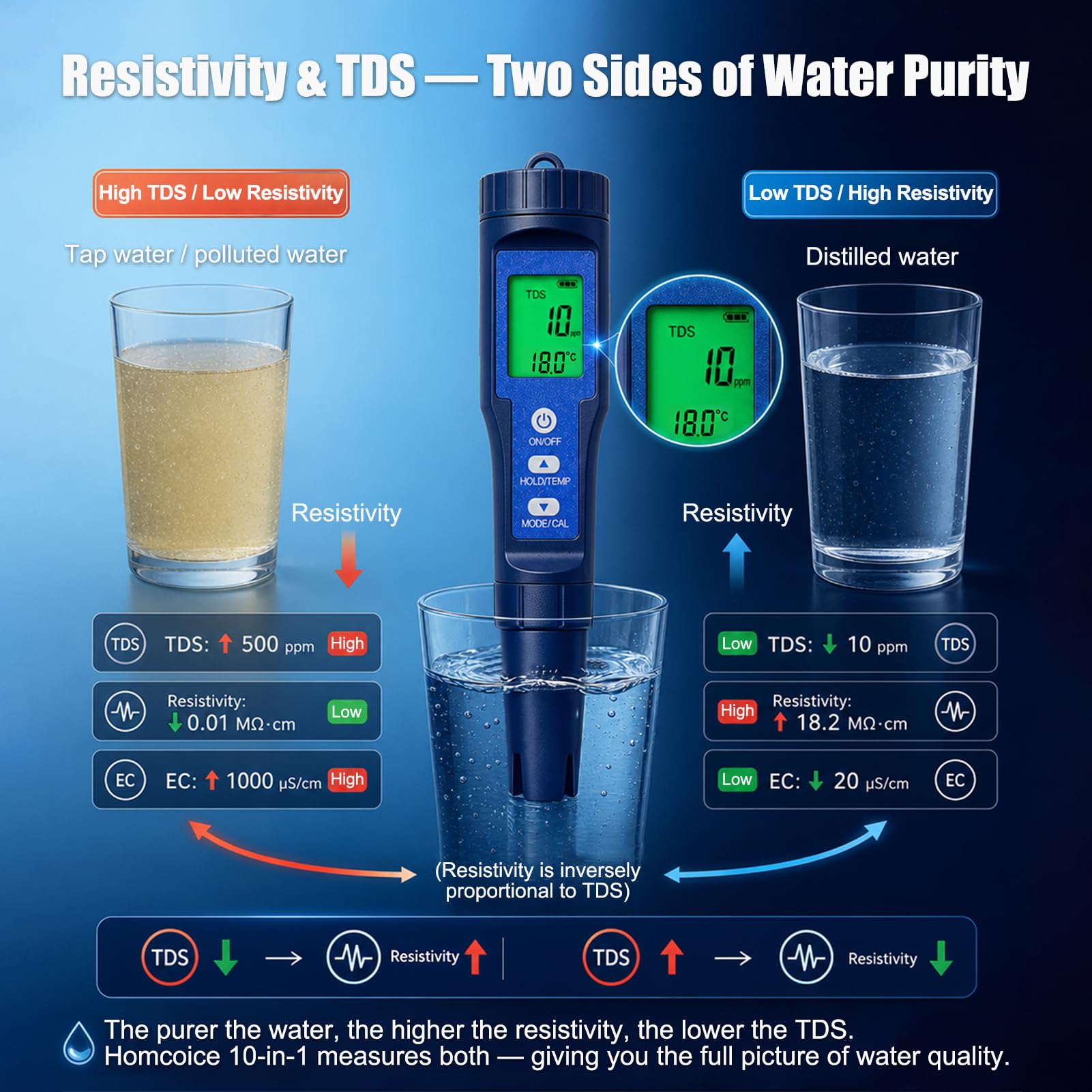 Misuratore pH Cloro Piscina 10 in 1, Tester pH TDS EC Salinità ORP S.G. H2 Resistività Cloro e Temperatura con Batteria Ricaricabile 300mAh, per Piscina, Spa, Acqua Potabile, Acquario, RO