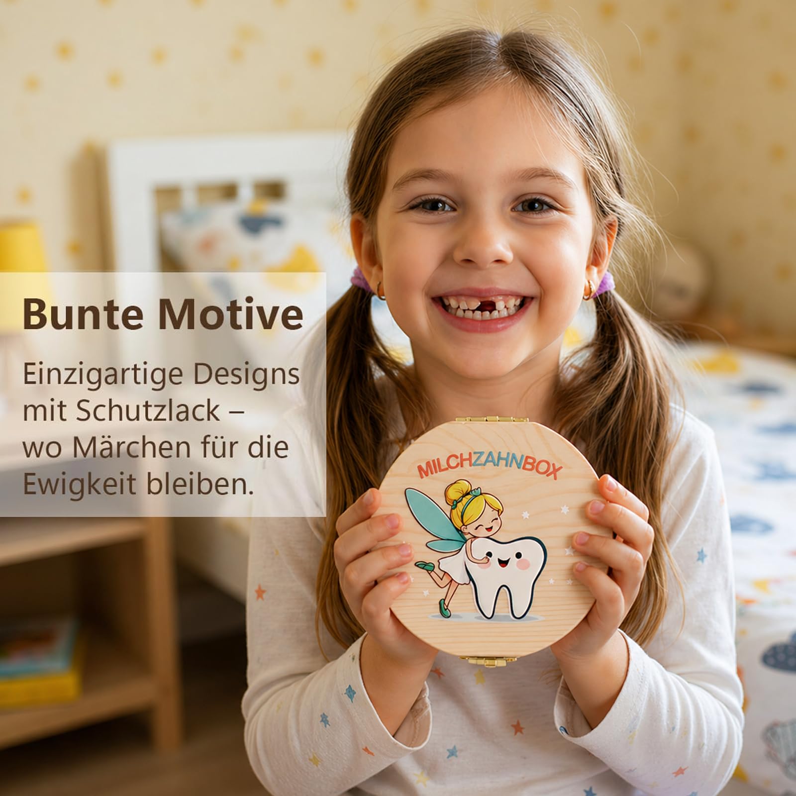 Caja de dientes de leche con motivos coloridos para niños y niñas, juego de regalo con 2 monedas, caja de dientes personalizable para dientes de leche, regalo para el tiempo