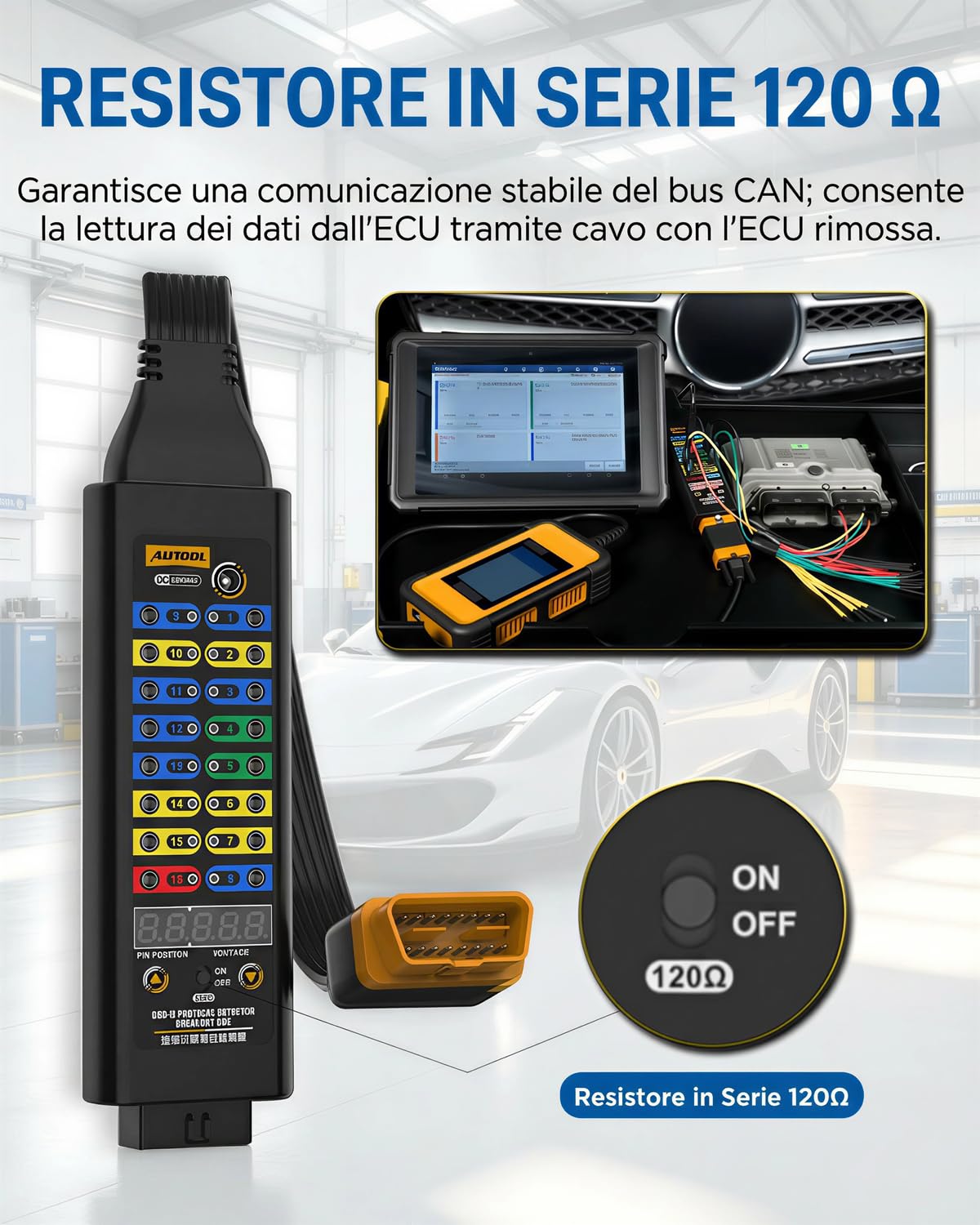 AUTOOL Scatola derivazione OBD2, Rilevatore Protocollo OBD II Auto con Display Tensione, Connettore 16 pin, LED e Ponticelli, Compatibile con Scanner, Multimetro per Diagnosi Elettrica Veicoli