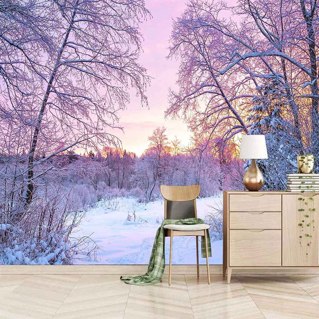 Papier peint mural scène de neige 3D, fresque artistique en canevas texturé