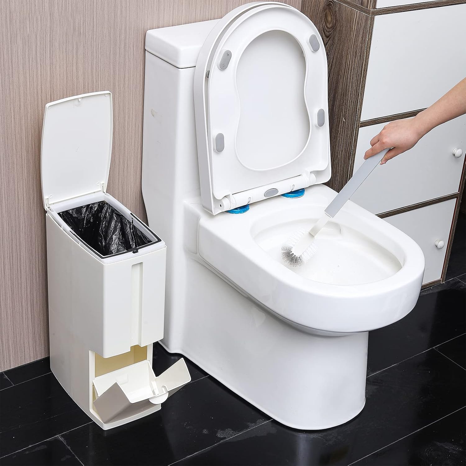 Cq acrylic Slim Plastic Trash Can with Press Top Lids for Bathroom,2.1 Gallon Garbage Can with Toilet Brush Holder,Waste Bin Between Wall & Toilet Dogproof Slim Rectangular Trash Bin for Toilet White