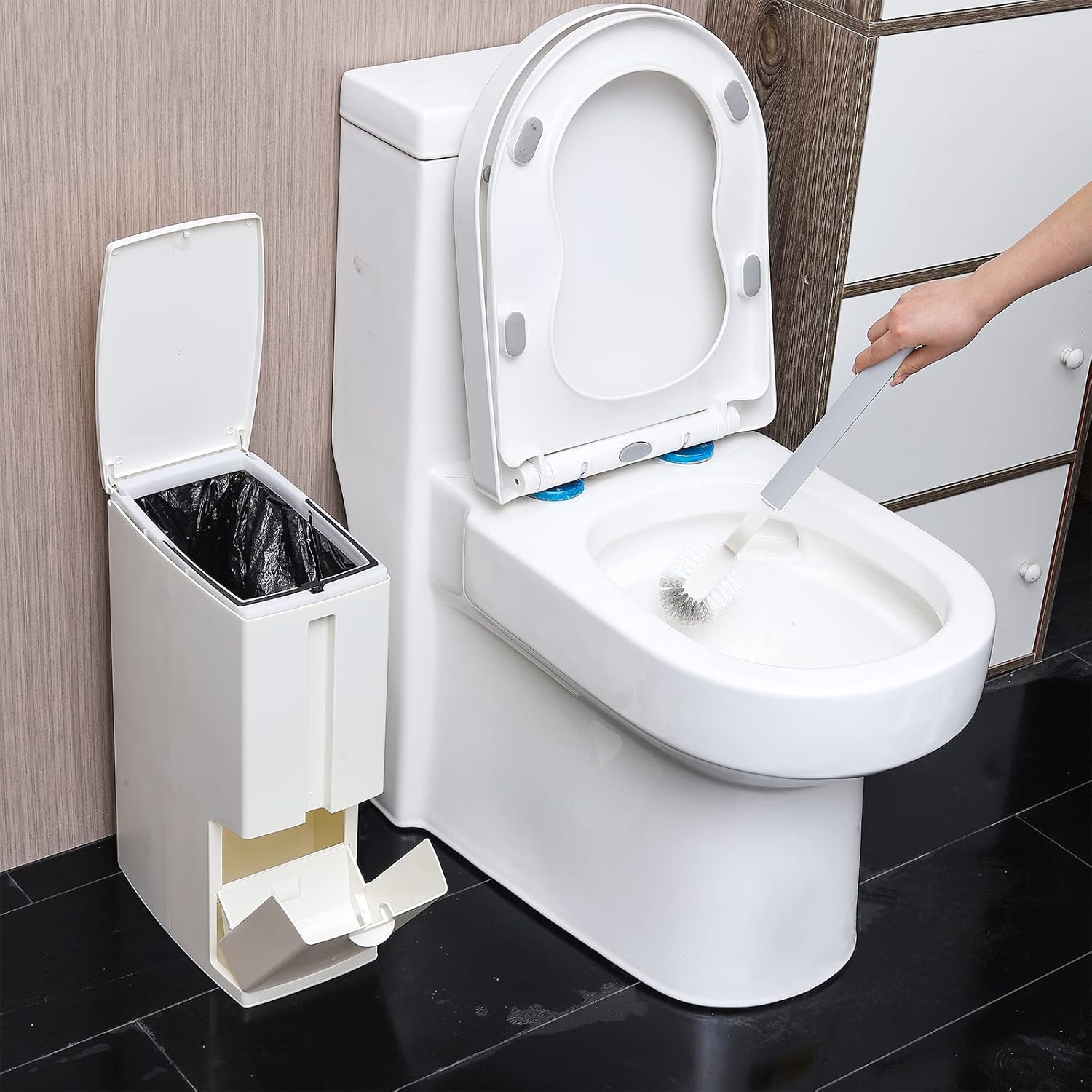 Cq acrylic Slim Plastic Trash Can with Press Top Lids for Bathroom,2.1 Gallon Garbage Can with Toilet Brush Holder,Waste Bin Between Wall & Toilet Dogproof Slim Rectangular Trash Bin for Toilet White : Home & Kitchen