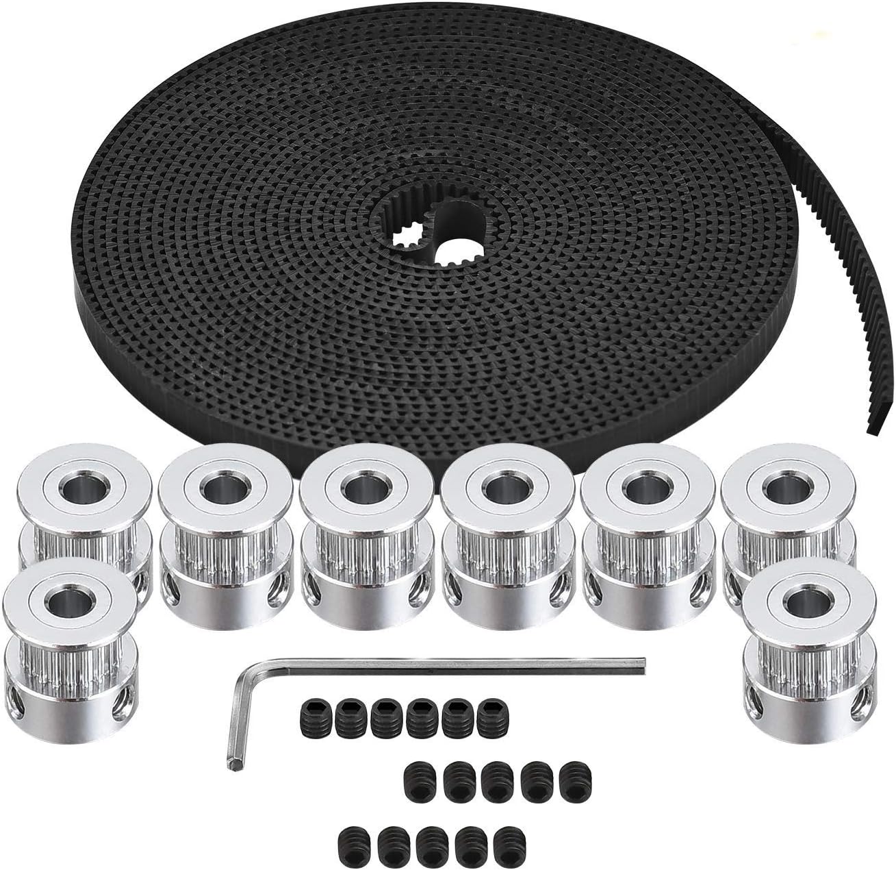 Zeelo GT2 Timing Belt Pulley, 8pcs 5mm 20 Teeth Timing Pulley Wheel and GT2 5 Meters Rubber 2mm Pitch 6mm Wide Timing Belt with Allen Wrench for 3D Printer CNC