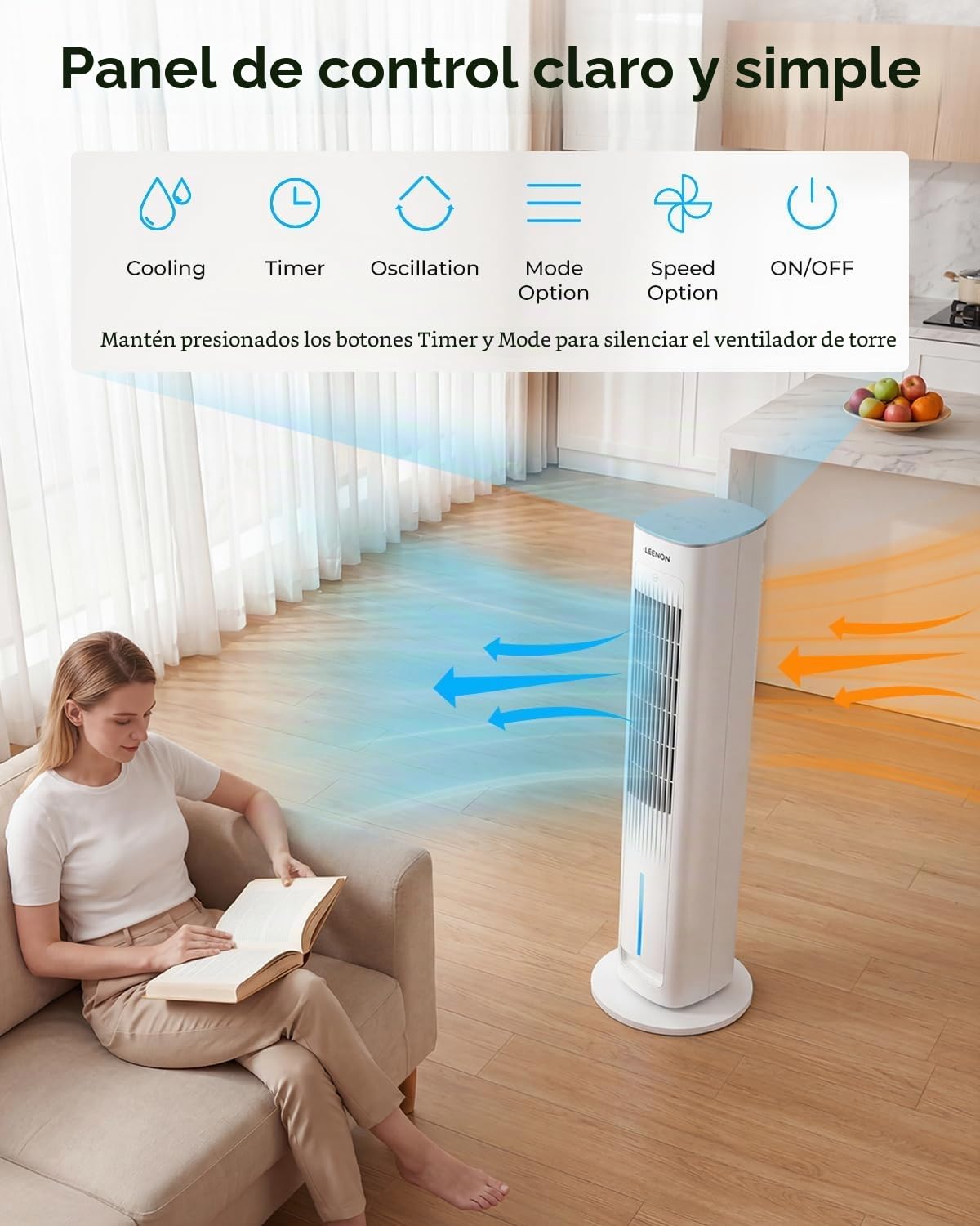 LEENON 3-en-1 Climatizador Evaporativo, Ventilador Torre 38" con Mando, 3L, Silencioso, 3 Vel/Modos, Temporizador 12H, Oscilación Automática, Enfriador de Aire Portátil para Casa y Oficina