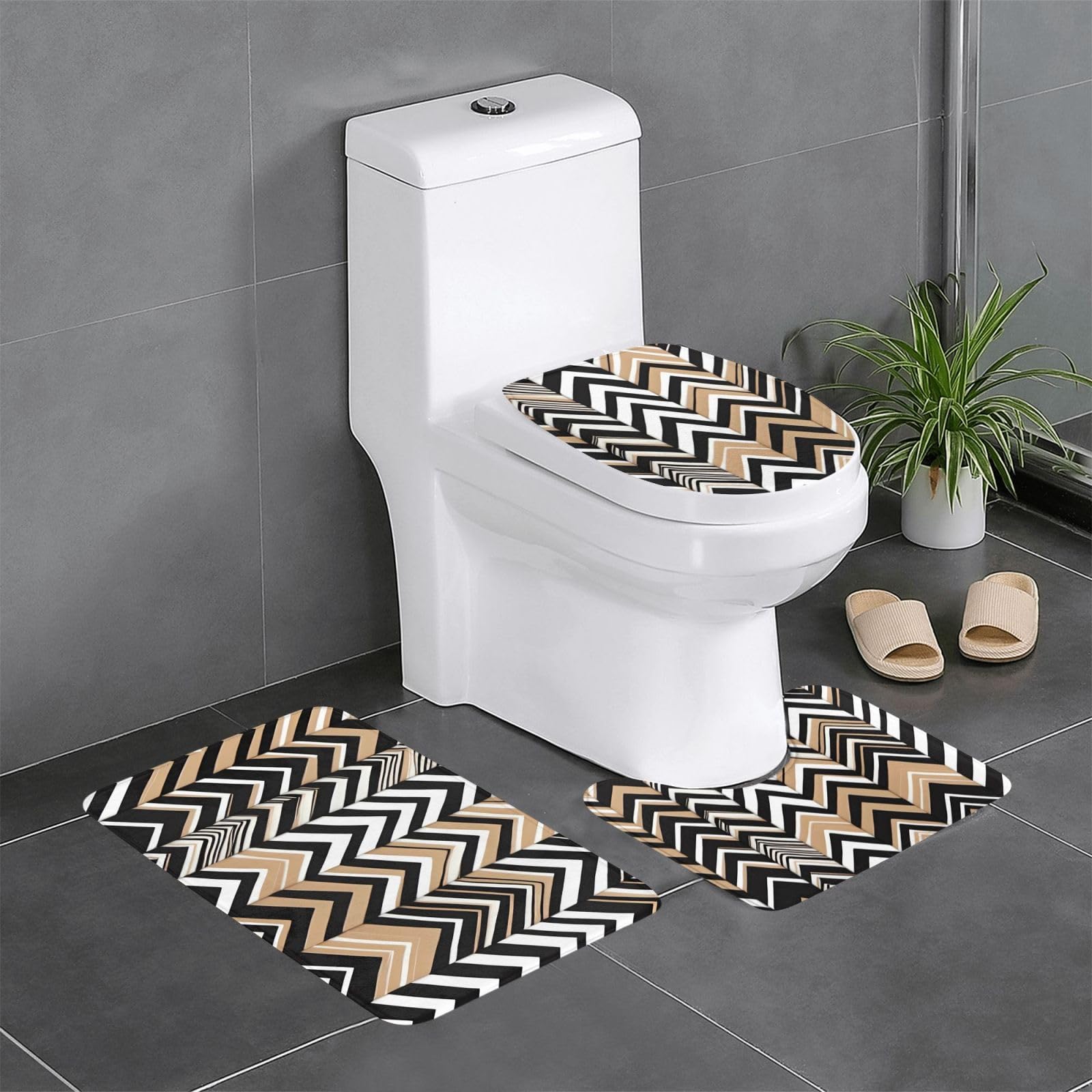 Lot de 3 tapis de salle de bain antidérapants zigzag noir et blanc pour toilettes et coiffeuse