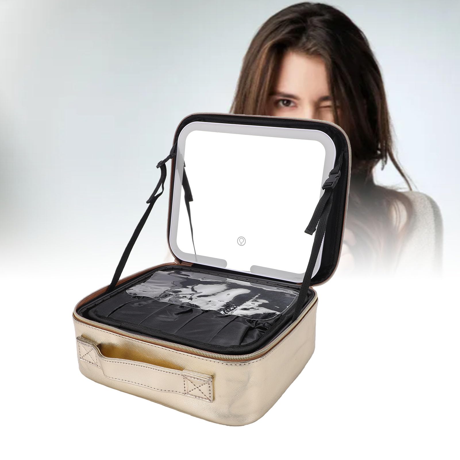 Trousse Maquillage avec Miroir LED, Cuir PU, Imperméable