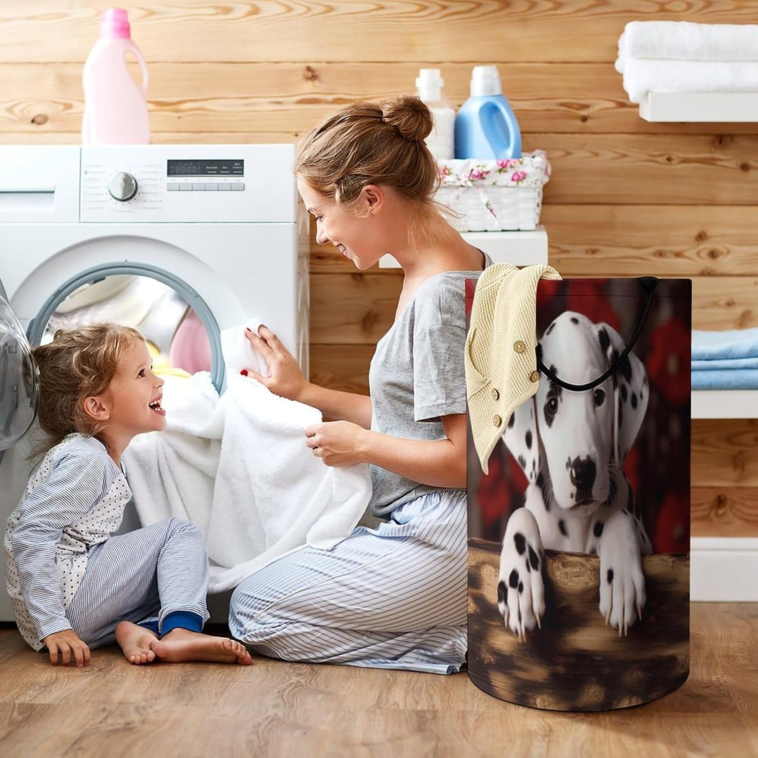 Dalmatian Puppy Laundry Hamper with Handles Waterproof Collapsible Laundry Basket Large Lightweight Round Dirty Clothes Hamper for Home Dorm Bathroom Decor