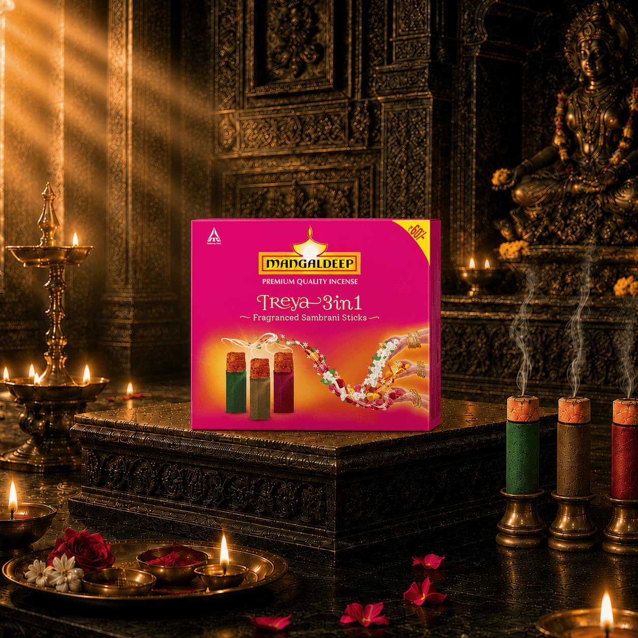 Mangaldeep Treya 3 in 1 Fragranced Sambrani Sticks - 3 Different