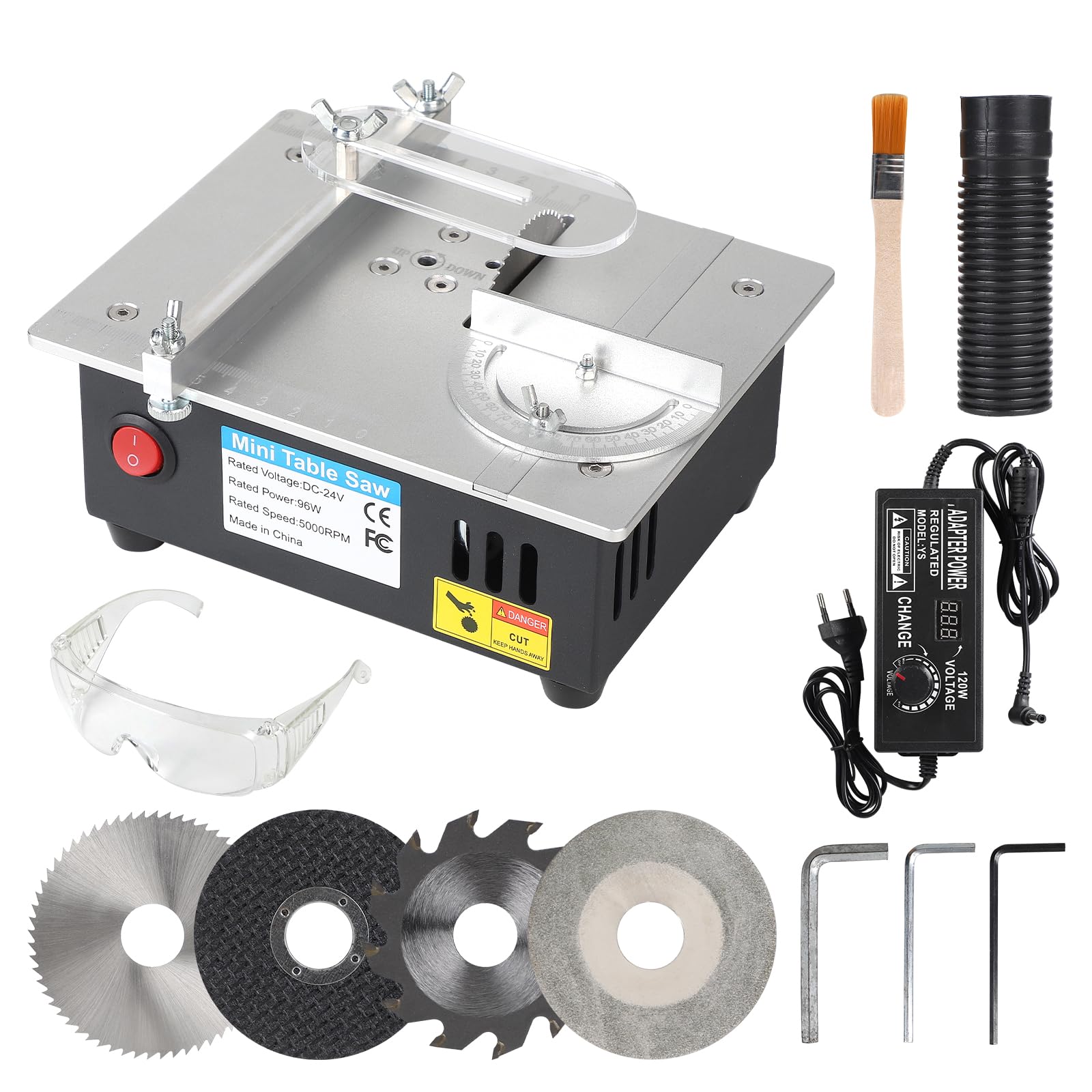 EFUTURETIME 96W Mini Scie Circulaire de Table avec 4 Lames, Coupe Réglable 0-10 mm, Alimentation Électrique