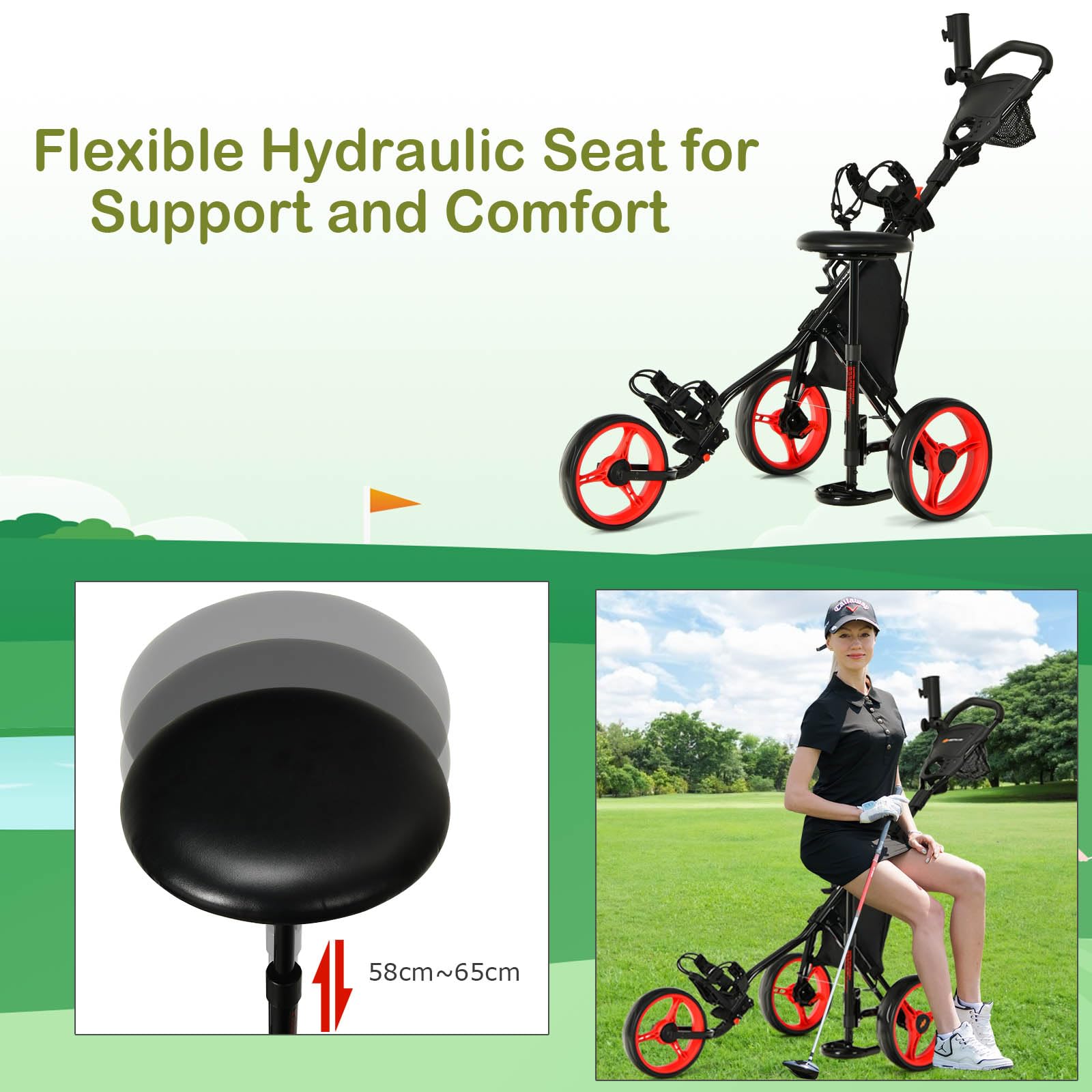 LIFEZEAL Carrito de Golf Plegable, Carrito de Golf con 3 Ruedas, Carro de Golf con Marcador y paragüero, Carrito metálico de Golf con Bolsa de Almacenamiento y Freno de pie
