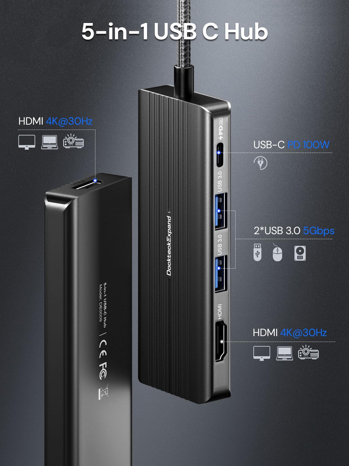 Hub USB C vers HDMI, DockteckExpand 5 en 1 avec double HDMI 4K @ 30 Hz, 2 ports USB 3.0, charge PD 100 W – Compatible avec MacBook, Dell, Chromebook et plus encore
