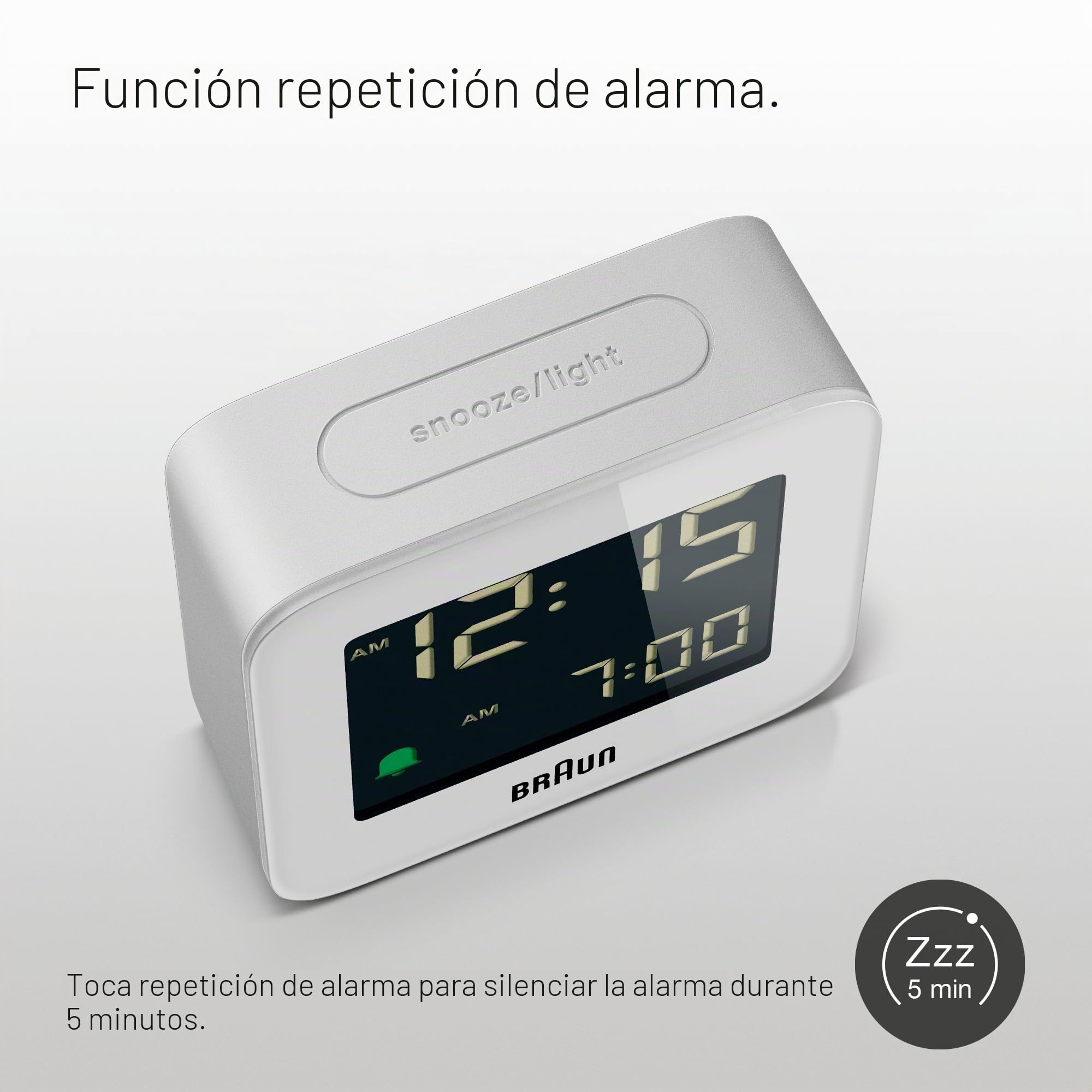 Braun Reloj Despertador de Viaje Digital función repetición, tamaño Compacto, Pantalla LCD Negativa, configuración rápida, Alarma por pitido en Crescendo en Blanco, Modelo BC08W.