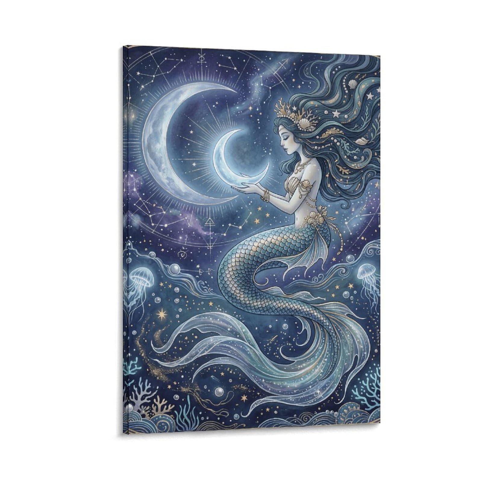 W7C8U2X3 Crescent Moon Mermaid Canvas Wall Art, Celestial Mermaid Wall Art