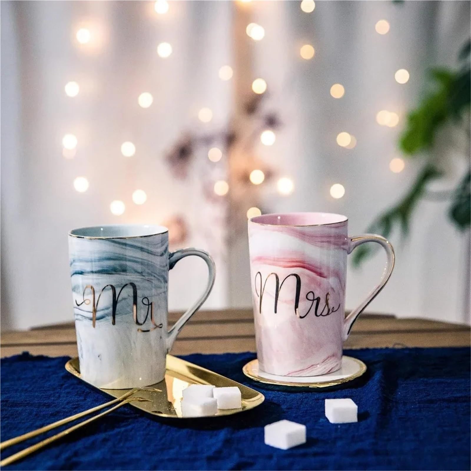 Taza de cerámica de mármol de 13,5 oz, juego de tazas de café Mr And Mrs for novia y novio, compromiso de aniversario de boda Para Boda(Pink Grey01)