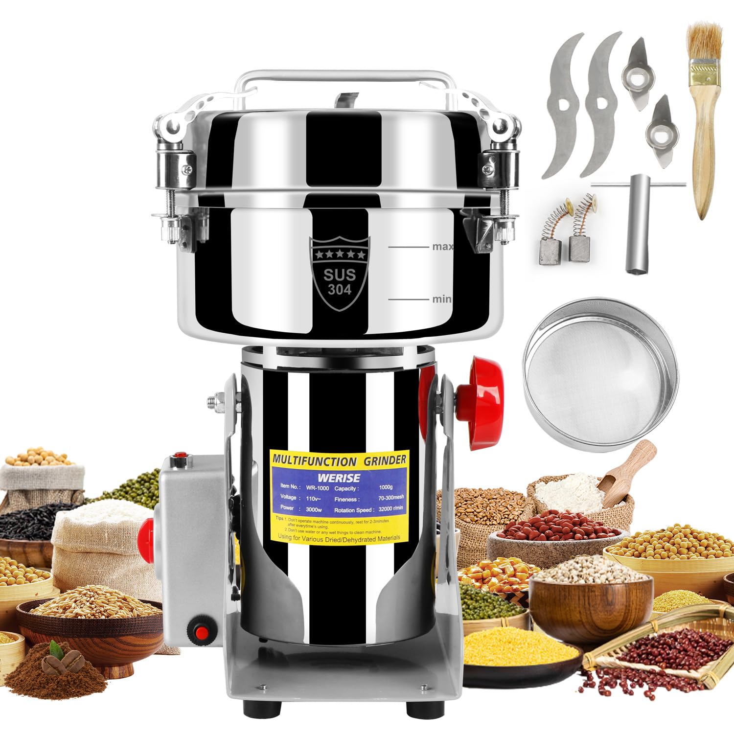 Electric Grain Mill Grinder Flour, 1000g Corn Fine Powder Rice Grinder Wheat Mill for Home Kitchen Commercial Stainless Steel Spice Food Pepper Coffee Beans (Swing Type)