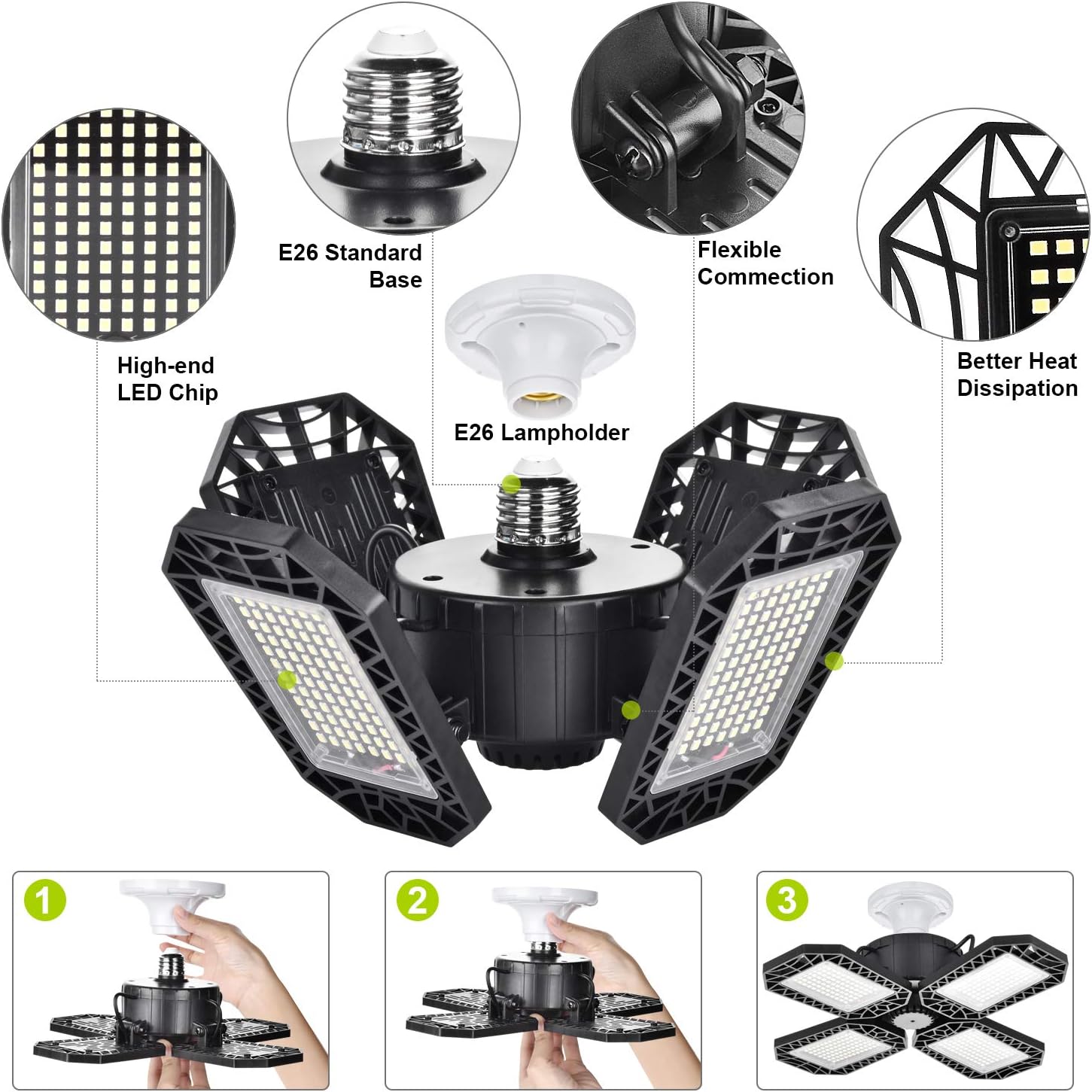Mefflypee 2 Pack LED Garage Lights, 120W Deformable LED Garage Ceiling Lights with 4 Adjustable Panels, 12000LM E26 LED Shop Lights for Garage, Basement, Barn, High Bay Light (2 Pack)