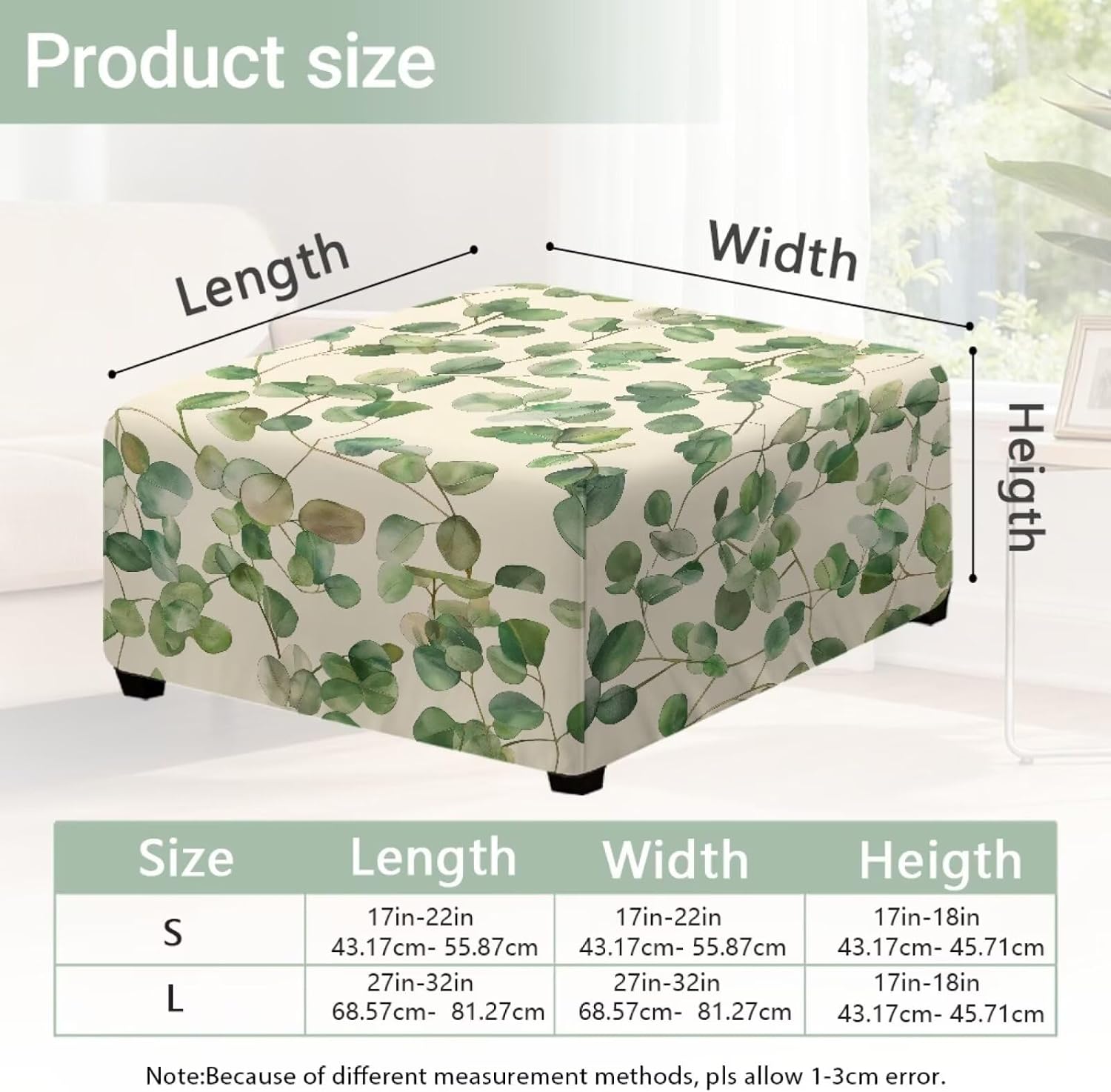 Green Eucalyptus Leaves Print Ottoman Cover Square, Stretch Velvet Ottoman Slipcover Square Removable Soft Storage Ottomans Foot Rest Cover with Elastic Bottom, S
