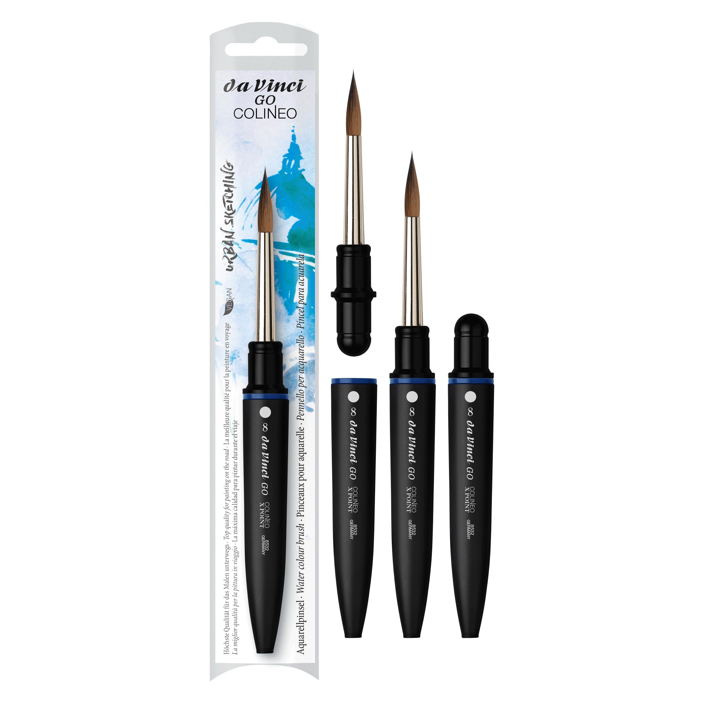 da Vinci, GO COLINEO, Reise-Aquarellpinsel, extra spitz, Kolinsky Sable Synthetic Fibre, hohe Farbaufnahme, elastisch, für Aquarell und Acrylfarben, rund, Größe 8