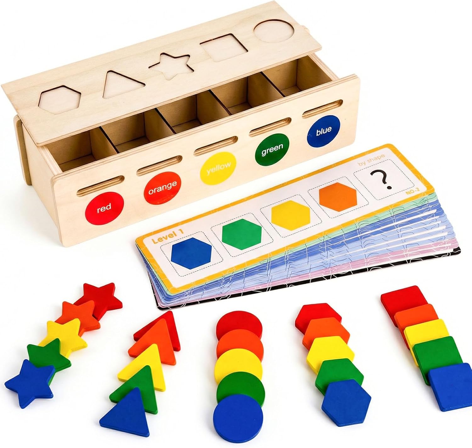 LovesTown 3-in-1 Wooden Shape Color Sorter Box with Logic Cards - Educational Matching Puzzle Game for Fine Motor Skills - Montessori Learning Gift for Toddlers