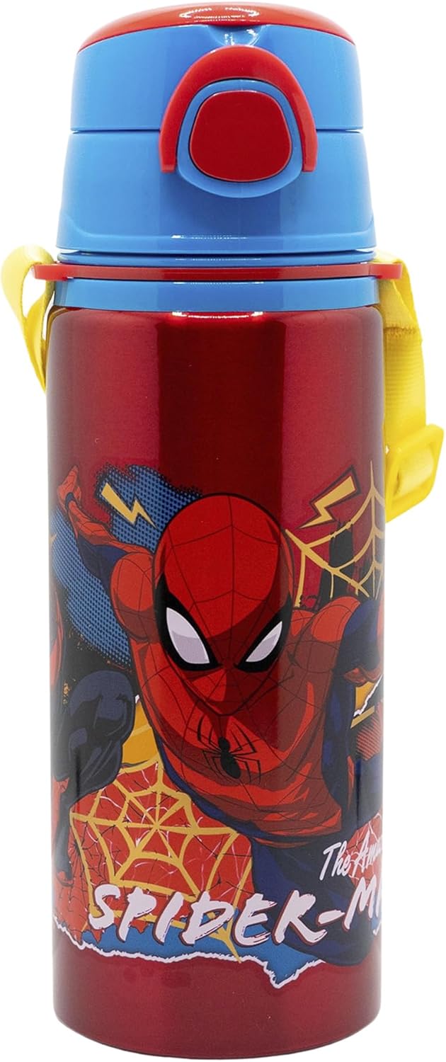 Reusable Aluminium Pop Up Bottle with Shoulder Strap 730 ml | Spiderman Moving Target