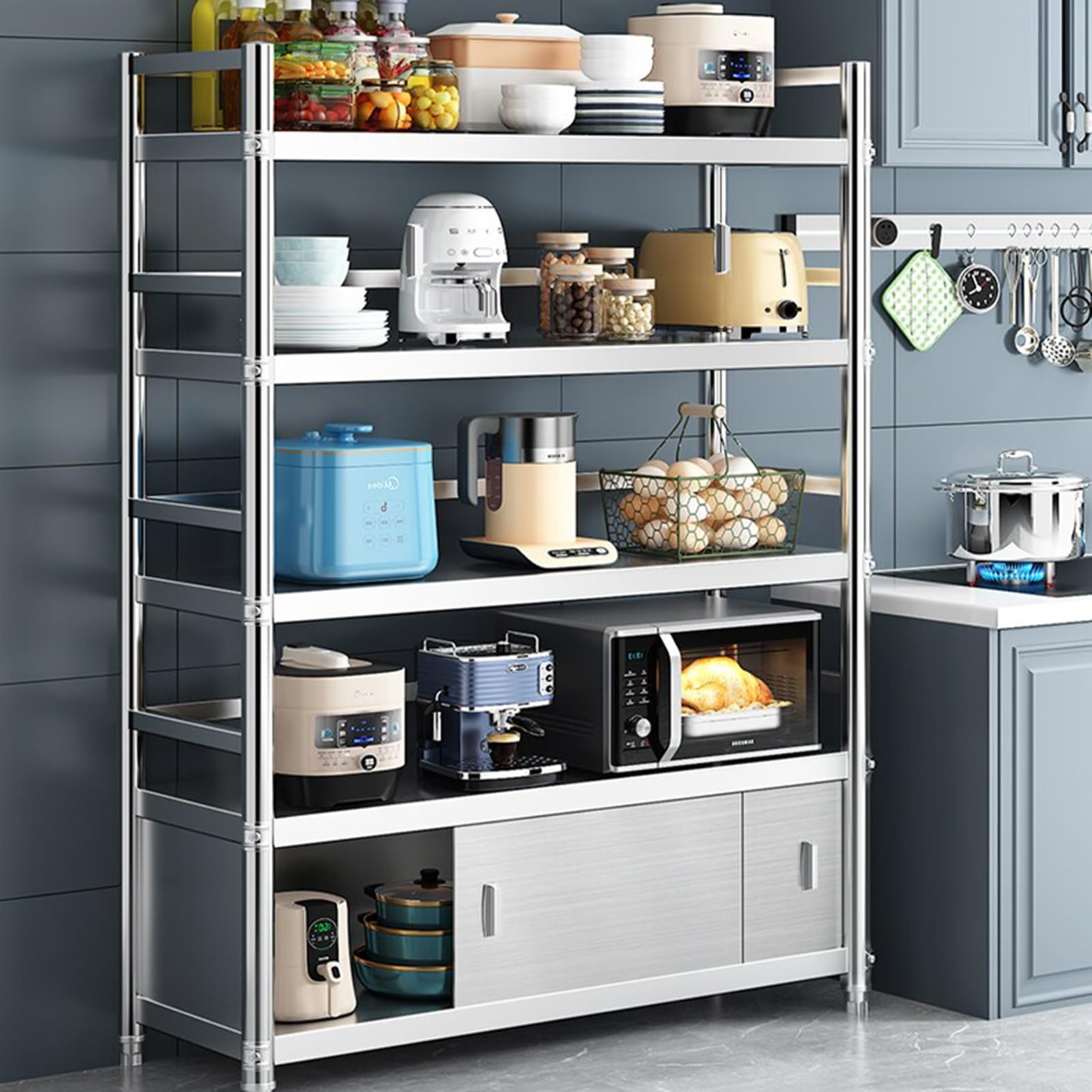 Tavolo resistente in acciaio inox con armadio e scaffalatura, per cucina, ristorante, hotel, garage (60 x 40 x 150 cm)