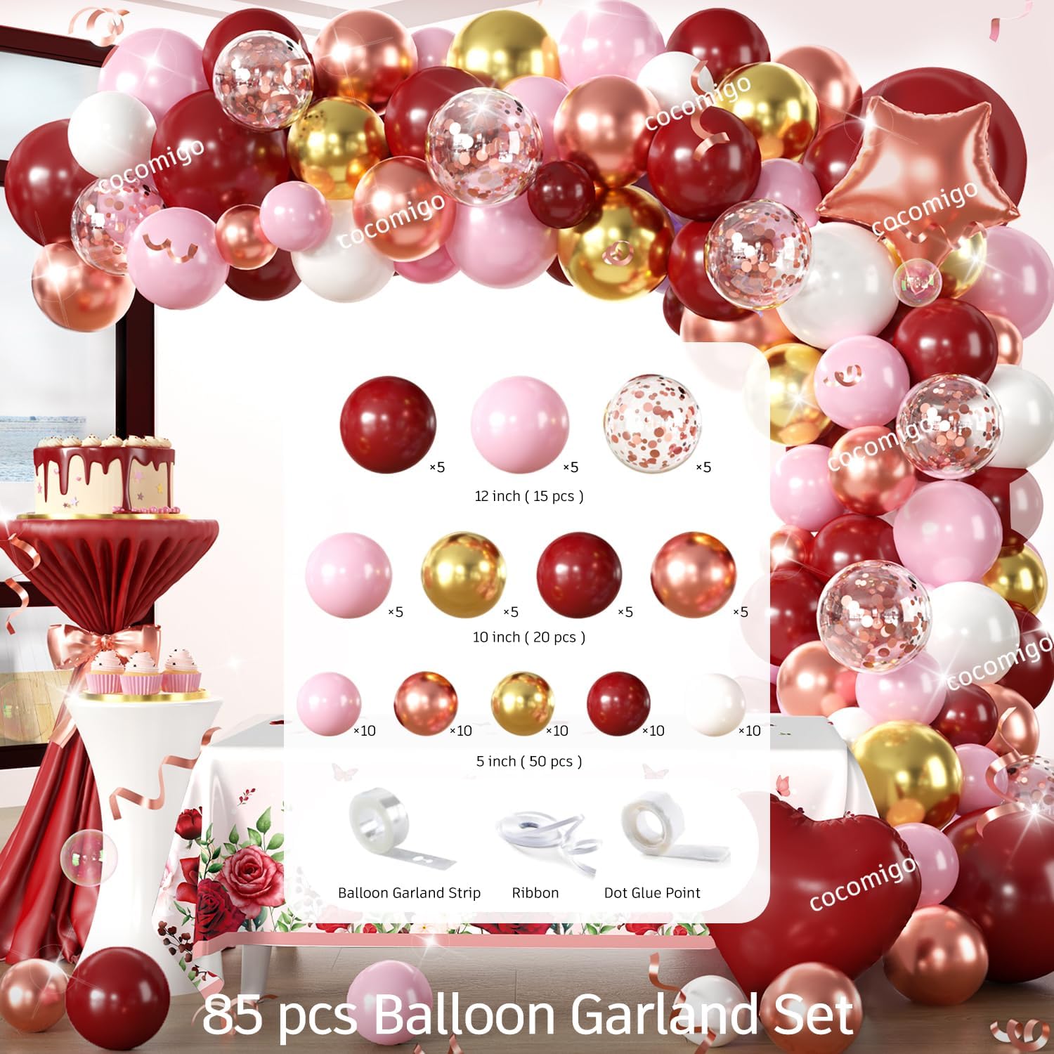 271 Pcs Burgundy Party Decorations, All-in-one Women Birthday Decorations with Burgundy Balloons, Banner, Backdrop, Plates and Napkins Set, Floral Happy Birthday Decorations Rose Gold
