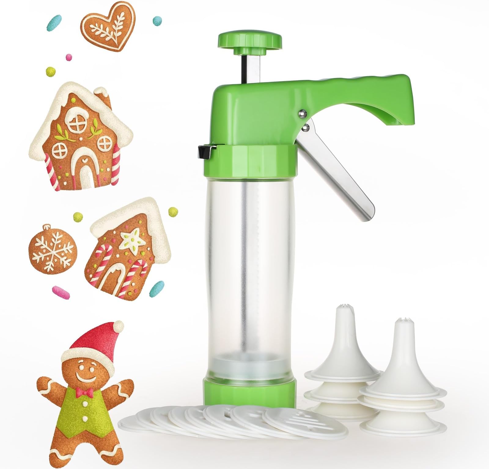Cookie Press Maker Machine - Icing Gun Kit with 16 Discs and 6 Decoration Tips for Home DIY (Green)