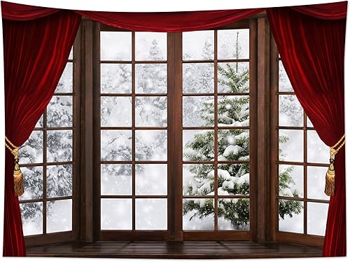 Miniatura 5 de LB Tapiz de bosque de invierno para colgar en la pared, diseño de pino, selva nevada, para dormitorio, estético, ventana exterior, escena de nieve,