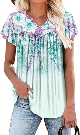 KISSMODA Tops for Womens Summer Cute Short Sleeve Shirts Trendy Notched Neck Blouses Casual Loose Pleated Tunics S-3Xl