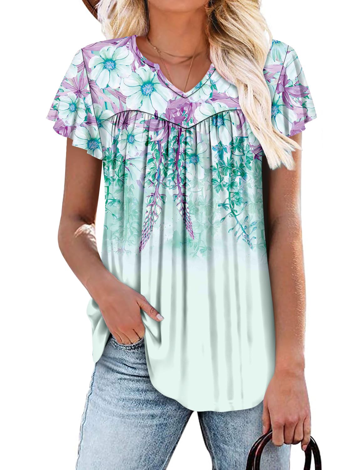 onlypuff Women's Short Sleeve Tops T Shirts Summer V Neck Pleated Tunic Blouses