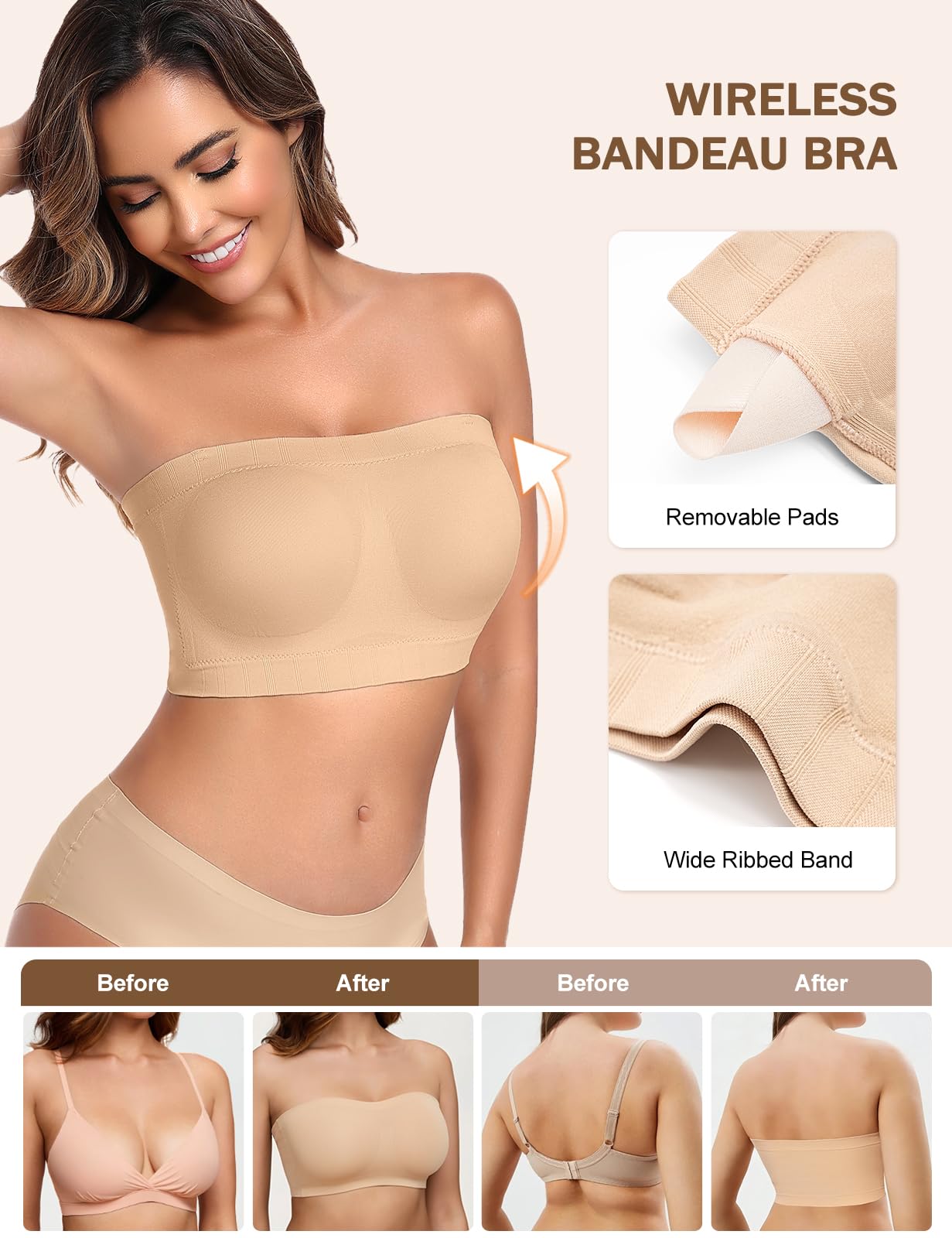 UMIPUBO Soutien Gorge sans Bretelles Bandeau Femme sans Armature Soutien-Gorge Poitrine Amovible Strapless Bra Brassiere Brassière Soutif Transparentes Rembourrage Comfit Élastique Tube Top
