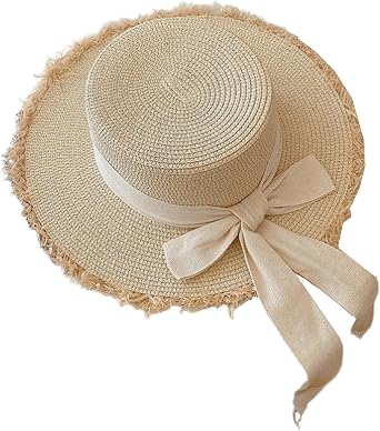 Beach Hat for Women Fray-Edge Wide Brim Summer Straw Cap Floppy Bowknot Flat Top Hat