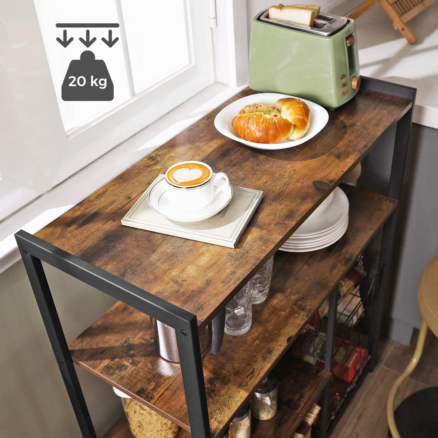 VASAGLE Étagère de Cuisine avec 2 Paniers Métalliques en Maille, Meuble de Rangement, pour Four à Micro-Ondes, avec Crochets, 35 x 80 x 95 cm, Marron Rustique et Noir KKS96X