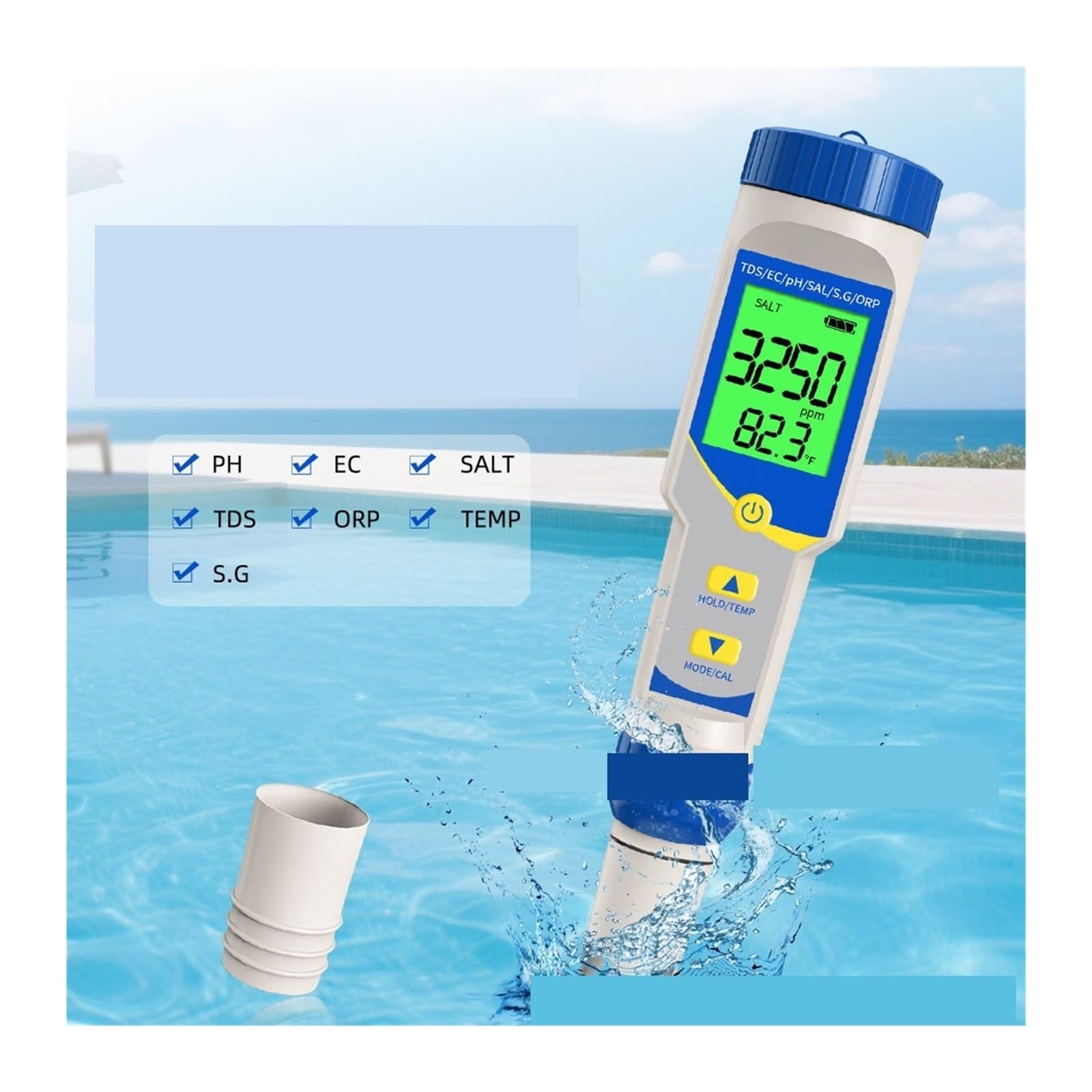 Probador de calidad del agua 7 en 1, salinidad PH EC TDS y medidor específico for acuario piscina,Extensamente probado