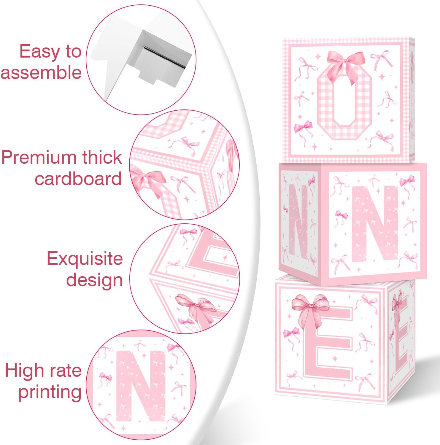 Foxrush Pink Bow First Birthday Decorations,3Pcs Conqette One Balloon Boxes for Girl 1st Birthday Party Decoration,Pink One Year Old Birth Theme Cardboard Box Supplies - Image 3