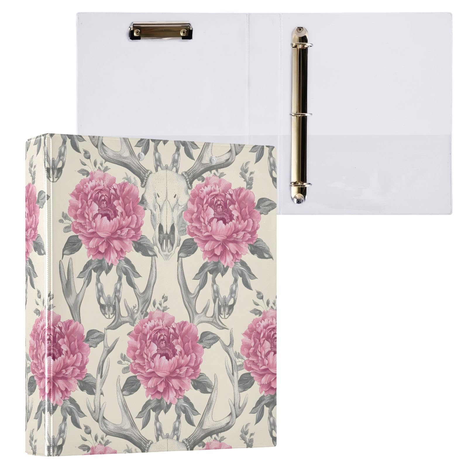 Raccoglitore a 3 anelli con stampa di peonie rosa, 3,8 cm, contiene 200 fogli con 3 tasche interne in PVC trasparente, per scuola e ufficio