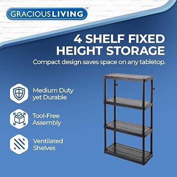 Gracious Living 4 Shelf Fixed Height Ventilated Medium Duty Storage Unit 14 x 32 x 54.5 Organizer System for Home, Garage, Basement, Laundry, Black