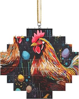 Chicken Print Christmas Lozenge Shaped Ornaments with Beige Hanging Rope for Christmas Tree,Fireplace,Staircase,Living Room,Snowman Decor
