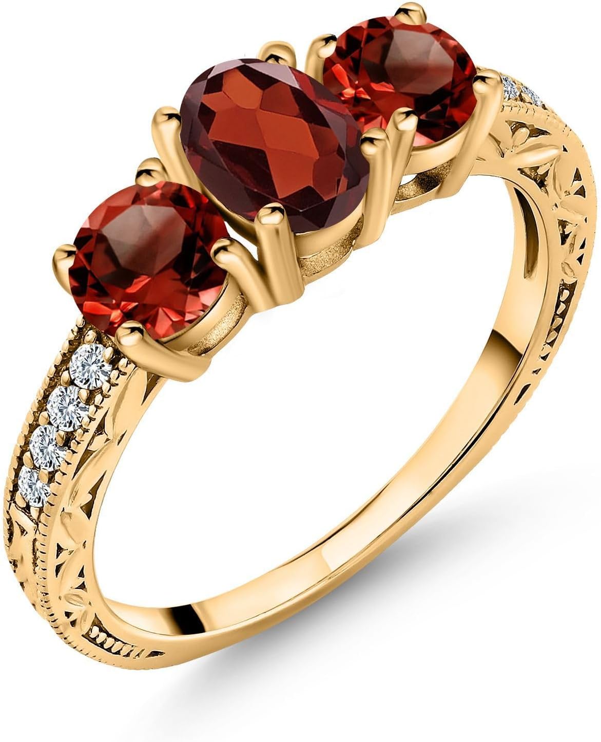 Gem Stone King 18K Yellow Gold Plated Silver Red Garnet Ring For Women | Oval 7X5MM | Round 5MM | Gemstone Birthstone | 2.12 Cttw | Wedding Engagement Anniversary Promise Ring For Women