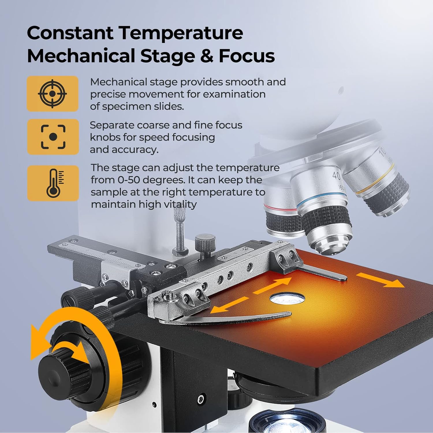 Microscope with constant temperature mechanical stage and focusing knobs