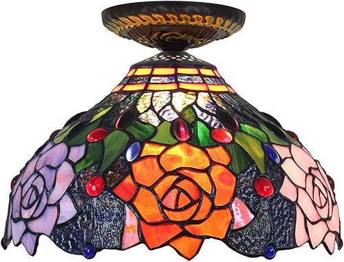 BAJEKO Pastoral Tiffany - Lámpara de techo de 12 pulgadas color rojo rosa azul rosa y rosa lámpara de techo semiempotrada decoración para cocina