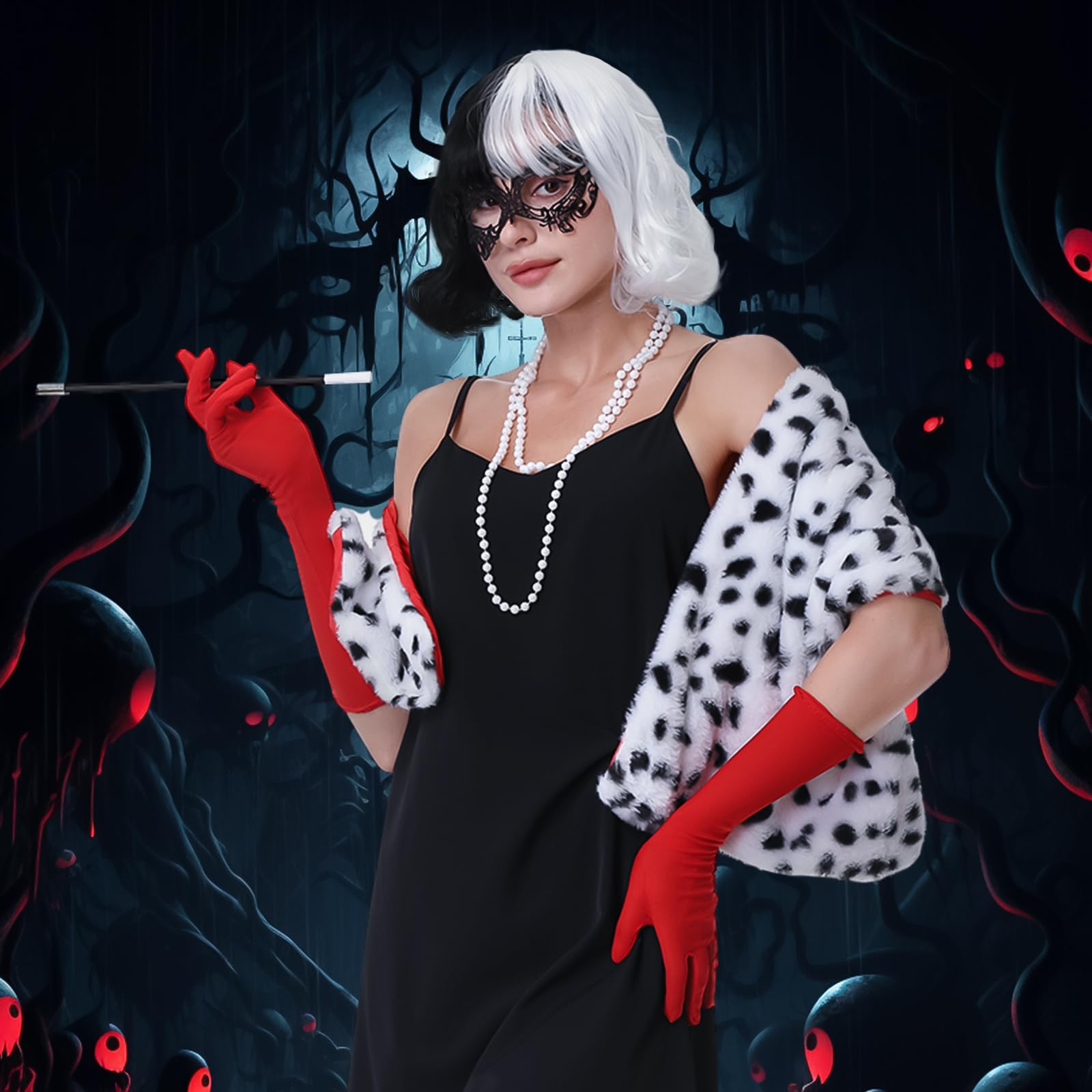 Aragallant Cruella Parrucca in Bianco e Nero, Costume Crudelia Demon Donna, Parrucca Crudelia Demon, Costume di Halloween Accessori con Guanti Rossi, Collana