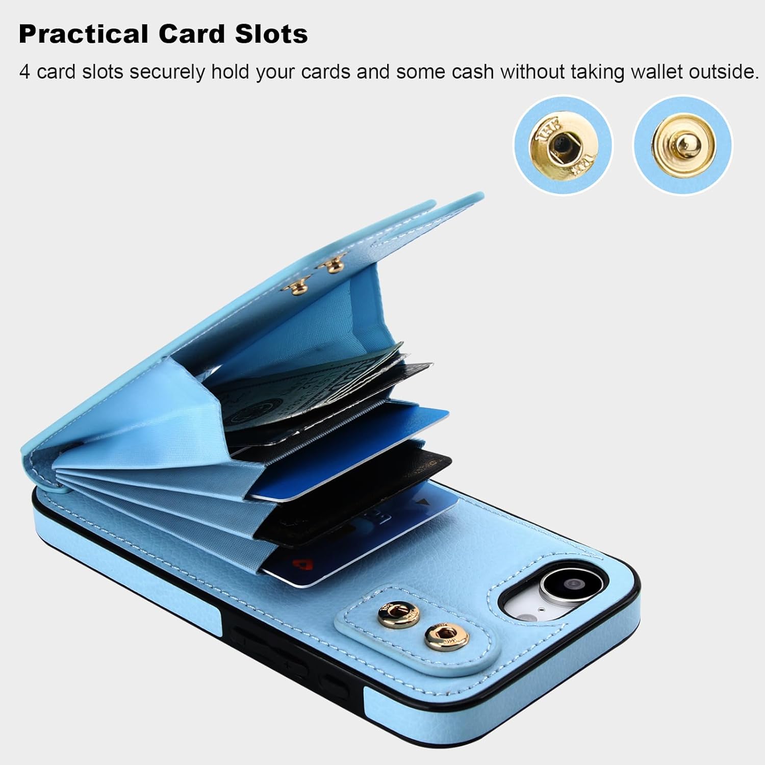 Folosu Compatible with iPhone 16e 17e Case Wallet with Card Holder, 360°Rotation Finger Ring Holder Kickstand, RFID Blocking Leather Protective Double Buttons Shockproof Cover 6.1 Inch Blue