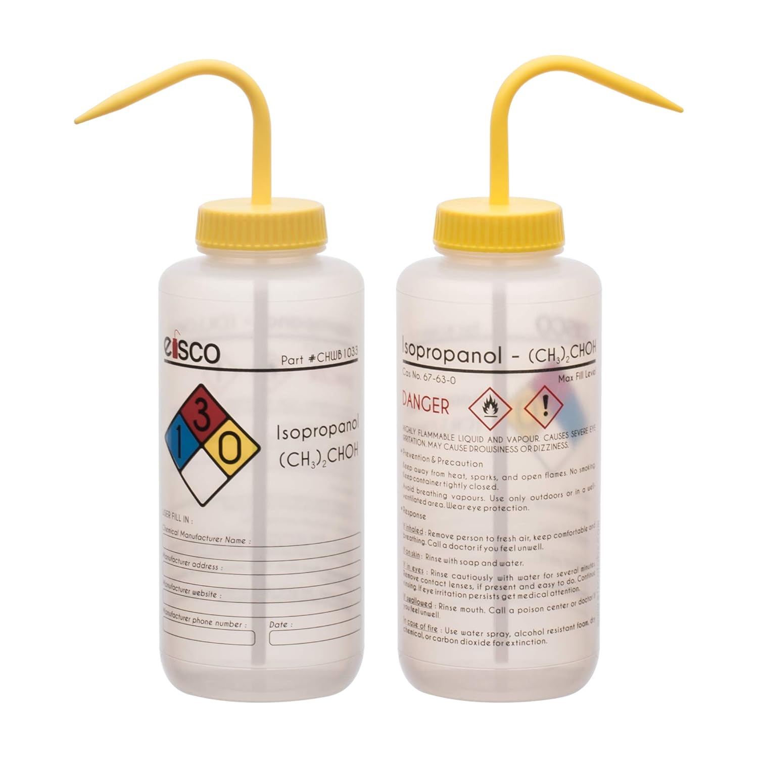 Best Promo Wash Bottle for Isopropanol, 1000ml - Labeled with Color Coded Chemical & Safety Information (4 Colors) - Wide Mouth, Self Venting, Low Density Polyethylene - Eisco Labs